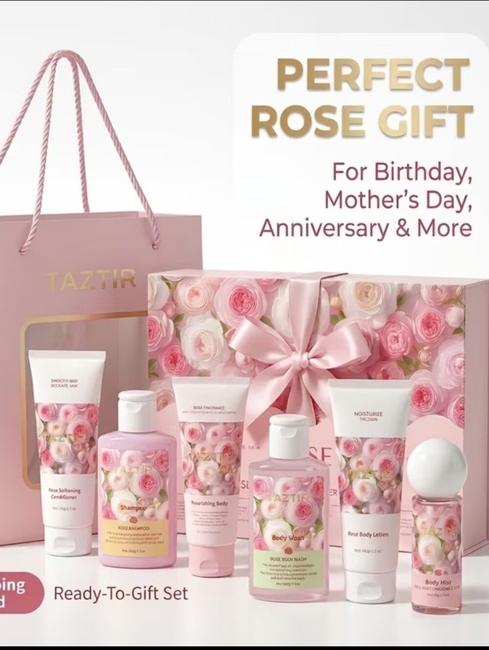 Womens Rose Spa Gift Set Of 5 Pieces. Gift Ready. With Gift Bag.
